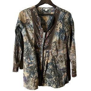 Coldwater Creek Paisley Embroidered Mesh Trim Long Sleeve Button-Up Blouse Sz M